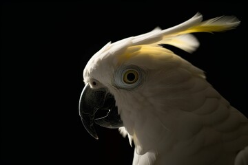 AI generated illustration of a closeup of a white cockatoo bird on the black background