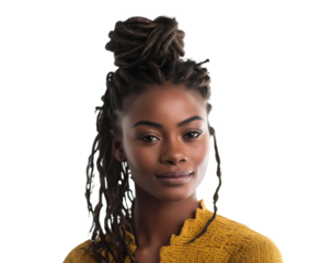 portrait of beautiful african american young woman with afro hairstyle isolated on transparent background