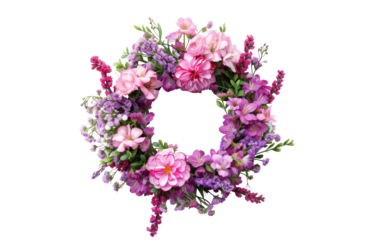 Flowers composition. Wreath made of various colorful flowers on transparent background. Easter, spring, summer concept. Flat lay, top view.