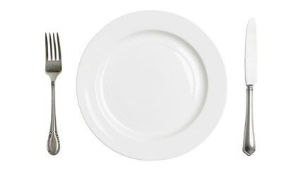 Empty plate, fork, knife isolated on transparent background, top view