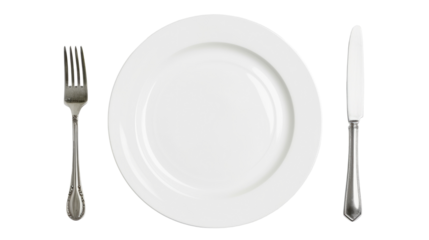 Empty plate, fork, knife isolated on transparent background, top view