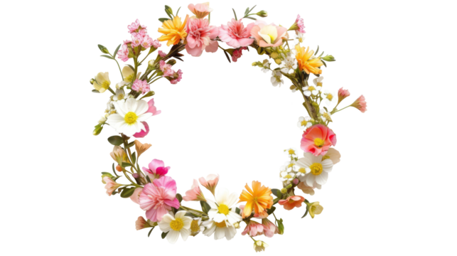 Flowers composition. Wreath made of various colorful flowers on transparent background. Easter, spring, summer concept. Flat lay, top view.