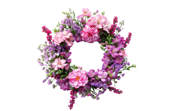 Flowers composition. Wreath made of various colorful flowers on transparent background. Easter, spring, summer concept. Flat lay, top view.