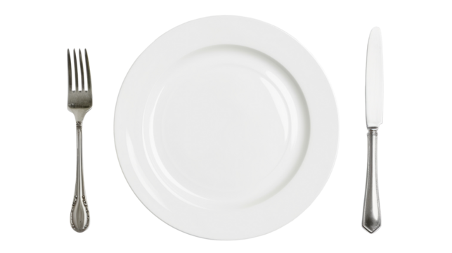 Empty plate, fork, knife isolated on transparent background, top view
