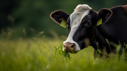 AI-generated illustration of a black and white cow grazing in the green meadow.