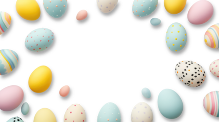 Top view of Easter eggs colored in different patterns. Transparent background. Copy space. Easter decor concept
