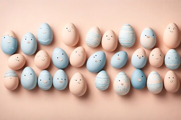 A row of Easter egg characters in soft pastel blue tones on a pale peach background with a touch of silver