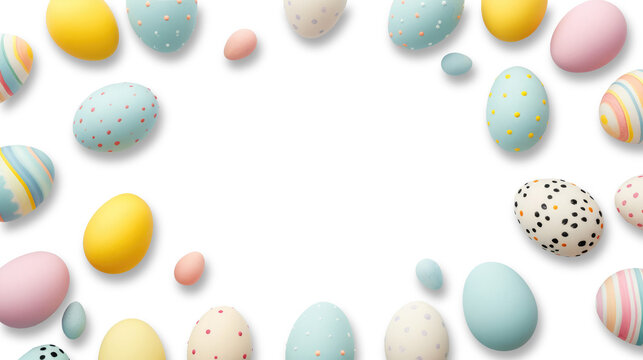 Top view of Easter eggs colored in different patterns. Transparent background. Copy space. Easter decor concept