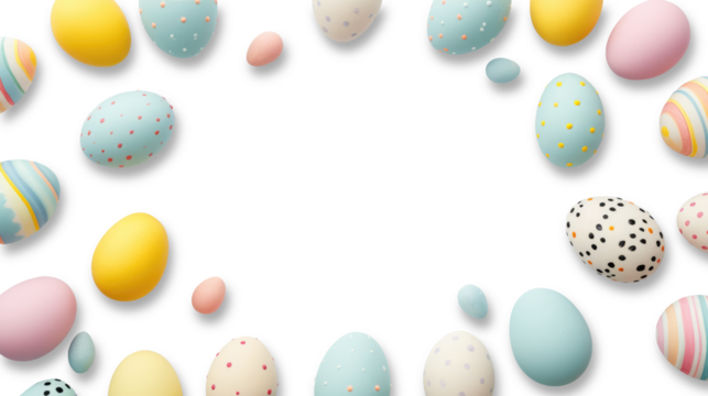 Top view of Easter eggs colored in different patterns. Transparent background. Copy space. Easter decor concept - Powered by Adobe