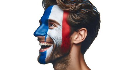 man soccer fun profile portrait with painted face of french national flag isolated on transparent background