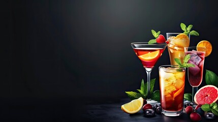 Cocktails assortment served on dark background. Classic drink menu concept, realistic, HD, copy space - generative ai