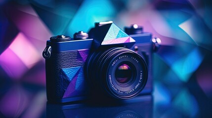 Fototapeta na wymiar AI-generated illustration of a digital camera presented against a backdrop of vibrant triangles.