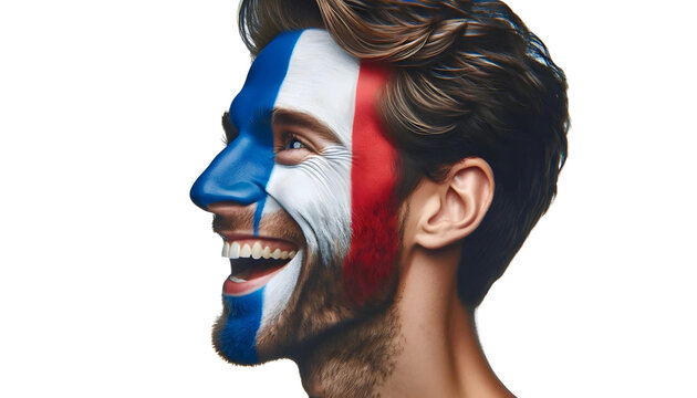 man soccer fun profile portrait with painted face of french national flag isolated on transparent background
