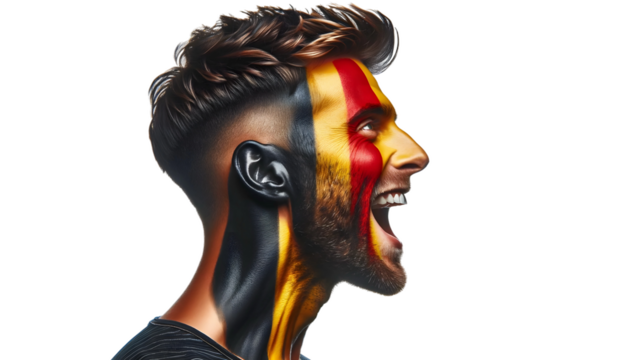 man soccer fun profile portrait with painted face of belgian national flag isolated on transparent background