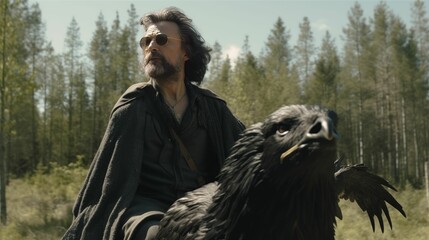 AI generated illustration of a man with a black eagle in a green field