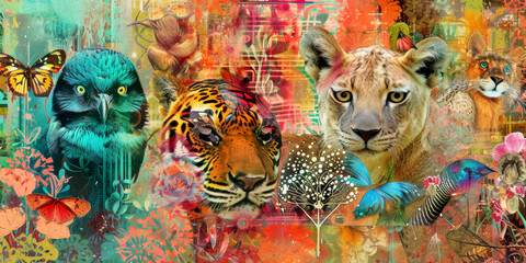 Exotic plant, flower and animals. Art collage. Wildlife banner - obrazy, fototapety, plakaty