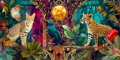 Exotic plant, flower art and wild cats. Art collage. Jungle wildlife banner - obrazy, fototapety, plakaty