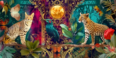 Gordijnen Exotic plant, flower art and wild cats. Art collage. Jungle wildlife banner © bit24