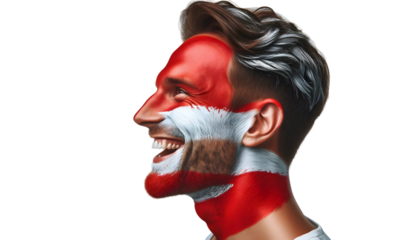 man soccer fun profile portrait with painted face of austrian national flag isolated on transparent background