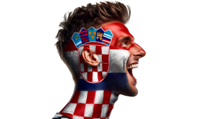 man soccer fun profile portrait with painted face of croatian national flag isolated on transparent background