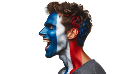 man soccer fun profile portrait with painted face of frenchnational flag isolated on transparent background