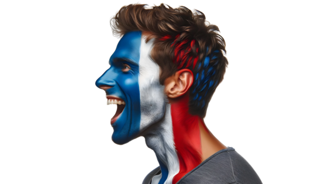 man soccer fun profile portrait with painted face of frenchnational flag isolated on transparent background