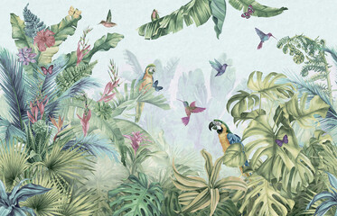 3d illustration of tropical forest with birds and flowers 