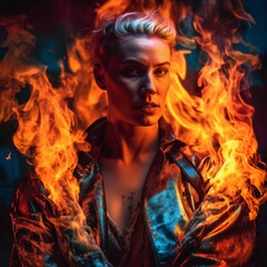 Obraz na płótnie Canvas AI Generated Illustration: Hyper-Realistic Portrait of a Non-Binary Fire Performer