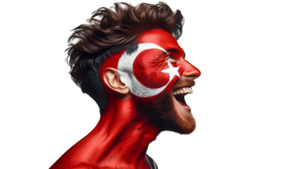 man soccer fun profile portrait with painted face of turkish national flag isolated on transparent background
