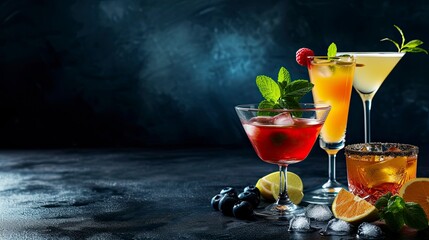 Cocktails assortment served on dark background. Classic drink menu concept, realistic, HD, copy space - generative ai
