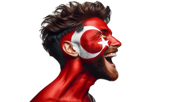 man soccer fun profile portrait with painted face of turkish national flag isolated on transparent background
