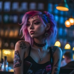Fototapeta premium AI generated young woman with pink hair looking away in street