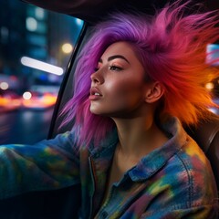 Fototapeta premium AI generated young woman with pink hair driving car