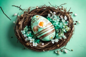 Overhead shot of a whimsically decorated Easter egg in a nest on the side, set against a pastel mint green background with a rustic brown nest, offering a stylish and flat layout with room for your 