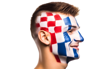 man soccer fun profile portrait with painted face of croatian national flag isolated on transparent background