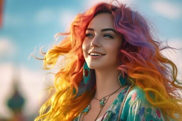AI generated illustration of a young woman with vibrant colored hair, smiling in sunlight
