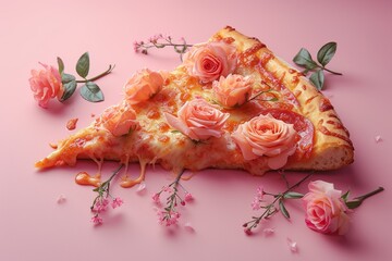 A creative composition featuring a slice of pizza with melting cheese adorned with elegant pink roses