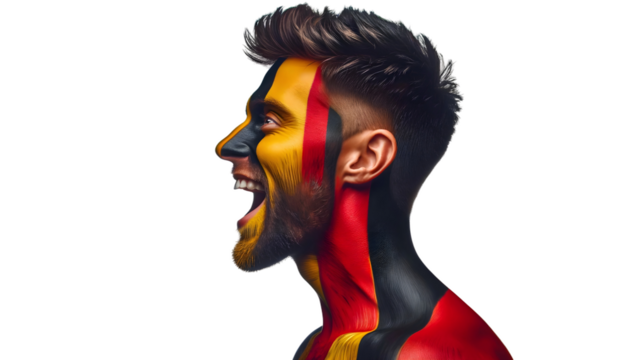 man soccer fun profile portrait with painted face of germannational flag isolated on transparent background