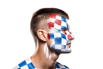 man soccer fun profile portrait with painted face of croatioan national flag isolated on transparent background
