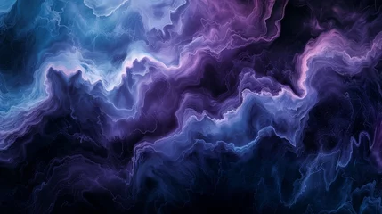 Fotobehang Fluid pools of midnight black, celestial cerulean, and ethereal lavender creating a hypnotic and mysterious abstract landscape on a pristine marble canvas.  © Tanveer Shah
