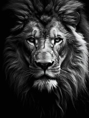 AI-generated illustration of a black and white photograph of a powerful lion with an intense stare