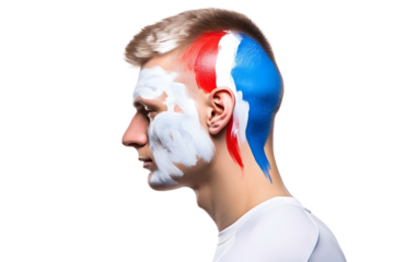 man soccer fun profile portrait with painted face of national flag isolated on transparent background