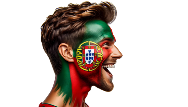 man soccer fun profile portrait with painted face of portugal national flag isolated on transparent background