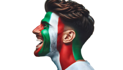 man soccer fun profile portrait with painted face of italian national flag isolated on transparent background