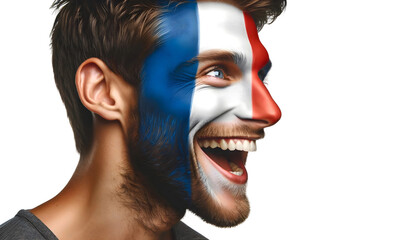 man soccer fun profile portrait with painted face of  frenchnational flag isolated on transparent background