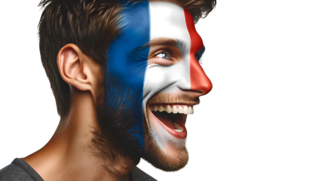 man soccer fun profile portrait with painted face of  frenchnational flag isolated on transparent background