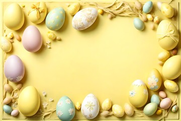 Obraz na płótnie Canvas Soft pastel yellow setting featuring detailed Easter adornments and an array of eggs, offering a serene canvas for your celebratory words