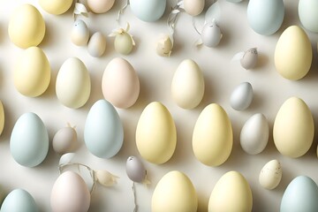 A row of Easter egg characters in soft pastel yellow hues on a clean white background with a hint of silver