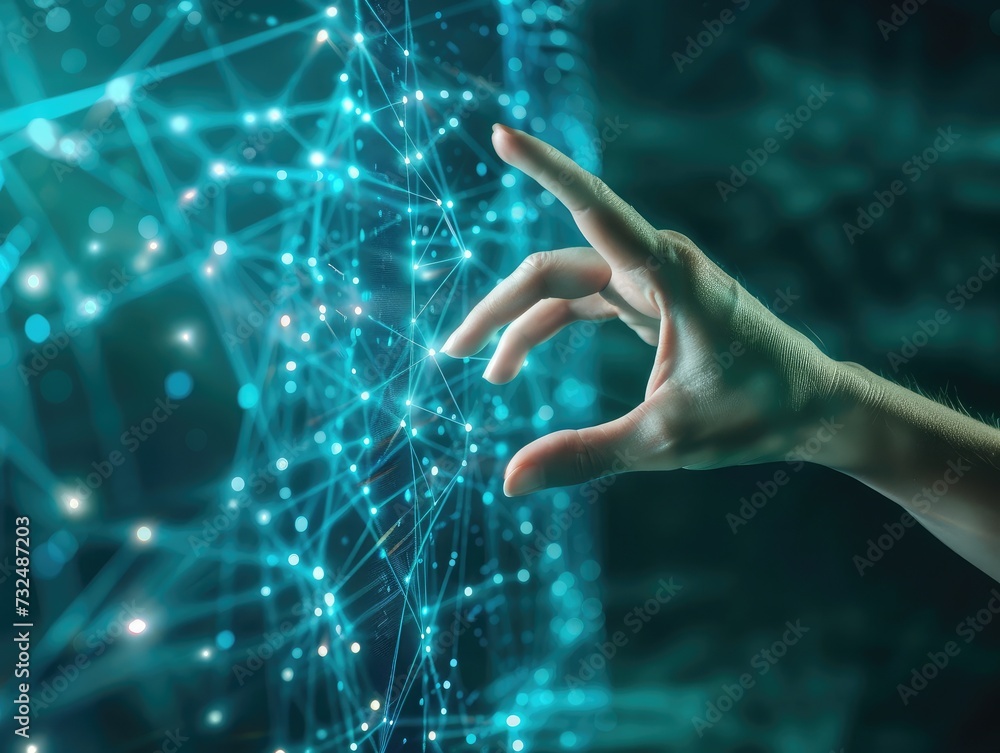 Poster big data concept. digital neural network.business woman hand touching introduction of artificial int