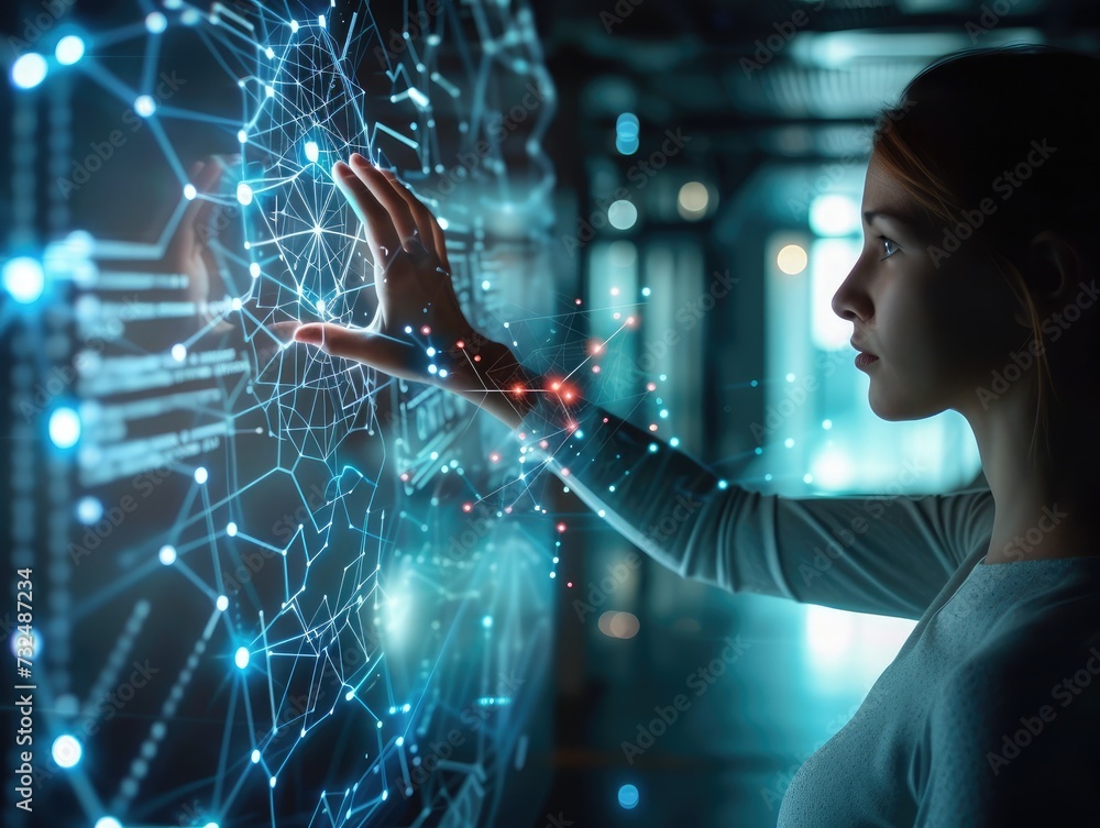Poster big data concept. digital neural network.business woman hand touching introduction of artificial int
